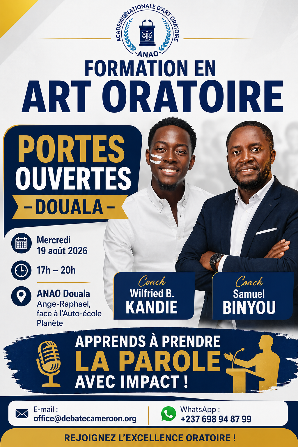 Formation gratuite art oratoire Douala- Coach Samuel Binyou